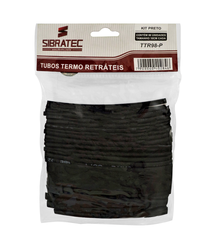 Kit Tubos Termo Retrátil Cor Preta Com 98 unidades de 10cm com Ø1.5, Ø2.5, Ø4, Ø6, Ø10, Ø16mm (TTR98-P)