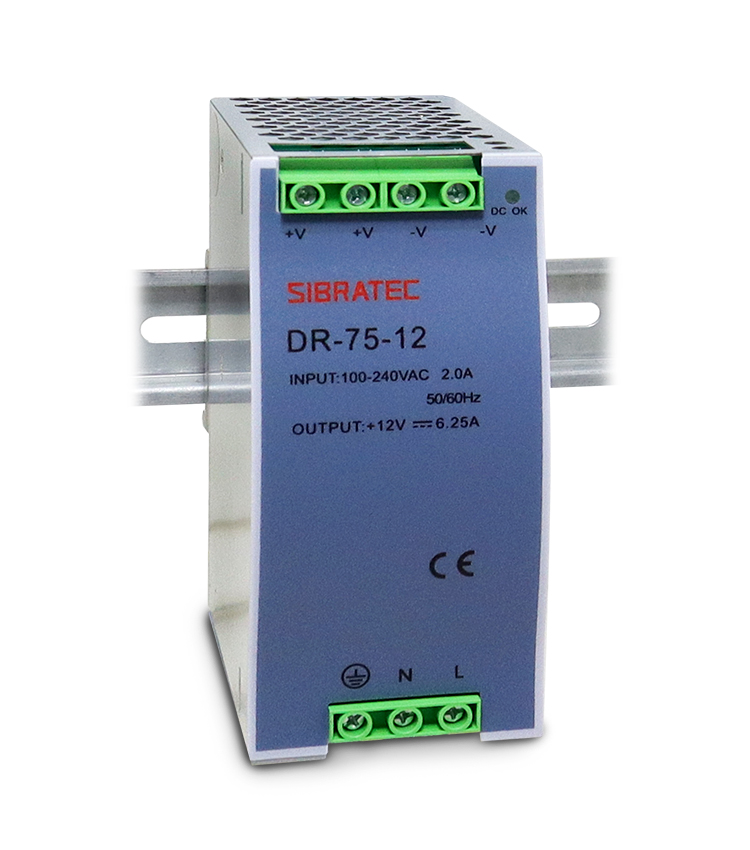 Fonte Chaveada para Trilho Din - Entrada 110/220Vca e Saída 12Vcc de 75W 6,25A - DR-75-12V